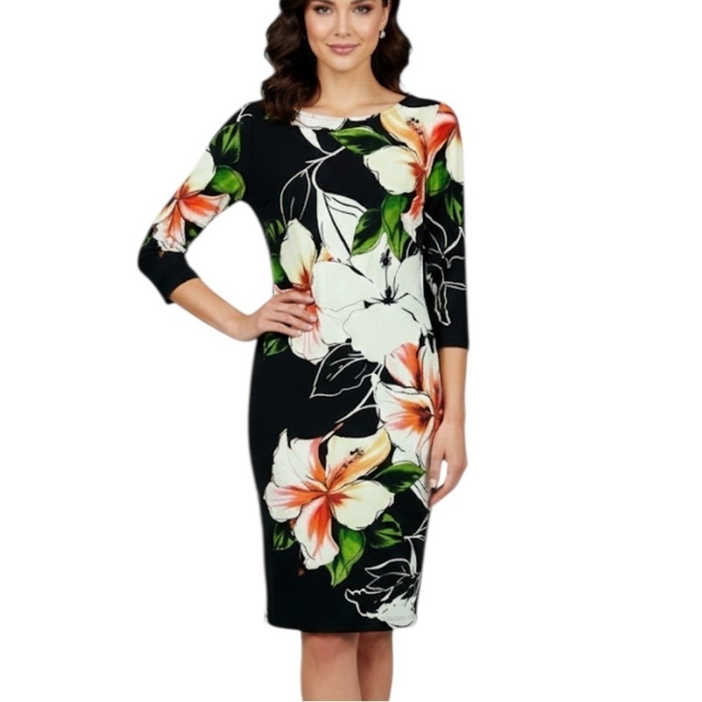 Joseph Ribkoff Classic Floral Long Sleeve Sheath Knee Length Dress Size 4 Black